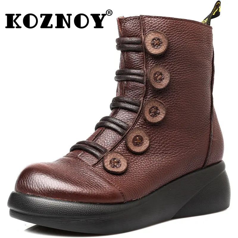 

Koznoy 5cm Spring Autumn Vintage Platform Wedge Natural Genuine Leather Ankle Mid Calf Boots Fashion Woman ZIP Non Slip Shoes