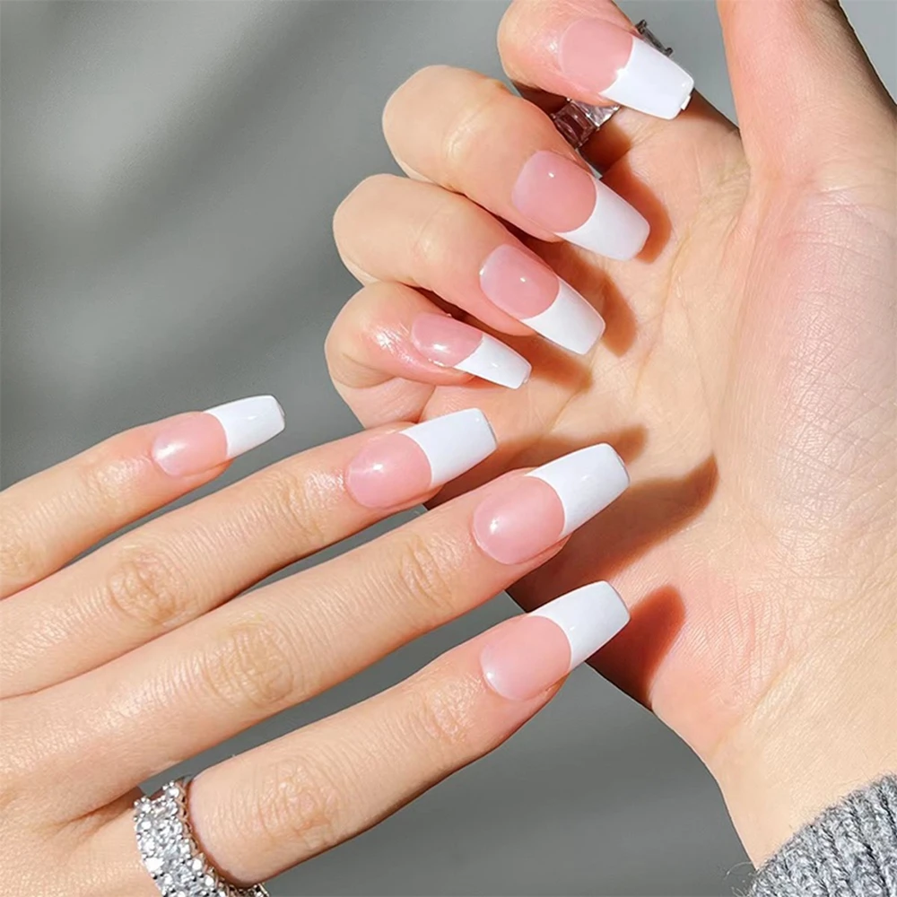 24pcs Mid Length French False Nails Wearable Coffin Ballerina Fake Nails  Full Cover Nail Tips Press On Nails With Press Glue - False Nails -  AliExpress