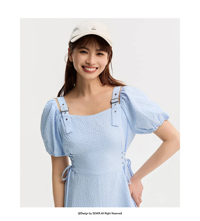 Vestido de mujer con cintura atada, texturizado, elegante y suave, de verano, irregular, con dobladillo con volantes, falda corta con estampado de campanillas, divertido