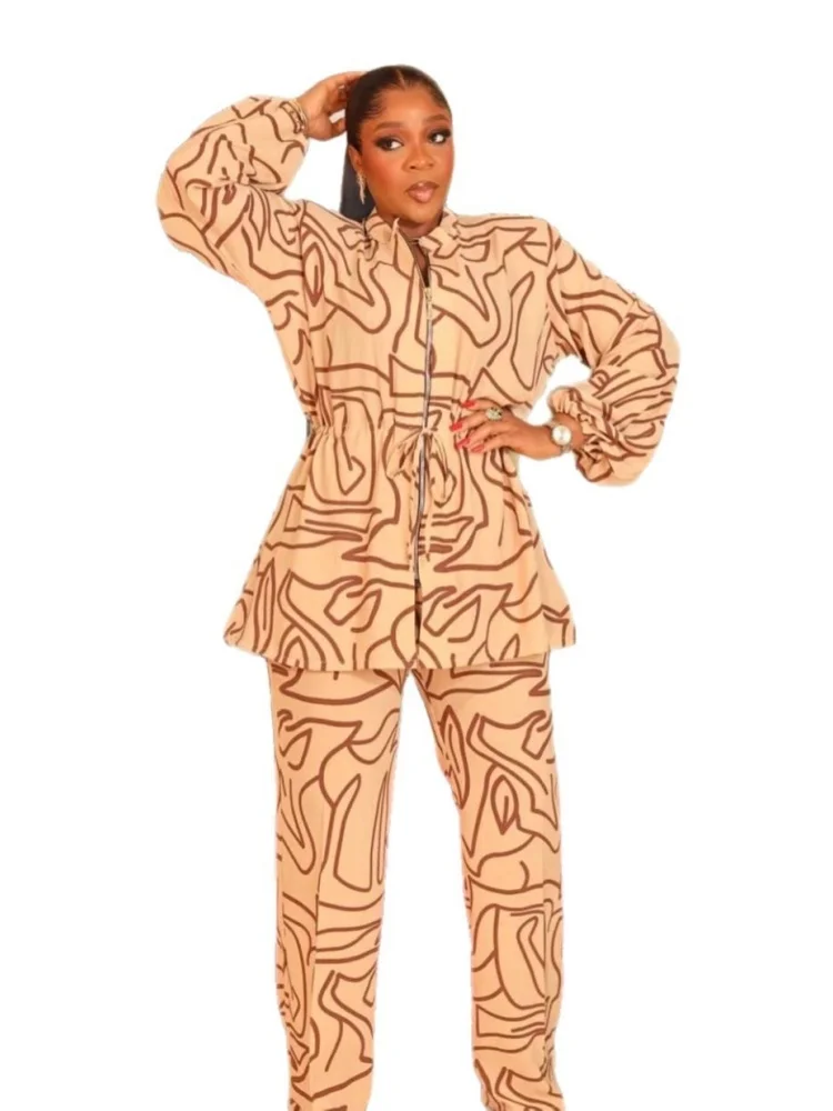 Wmstar Two Piece Set Women Wholesale Elegant Commuter Stand Up Collar Printed Drawstring Waist Cinching Long Sleeved 2025