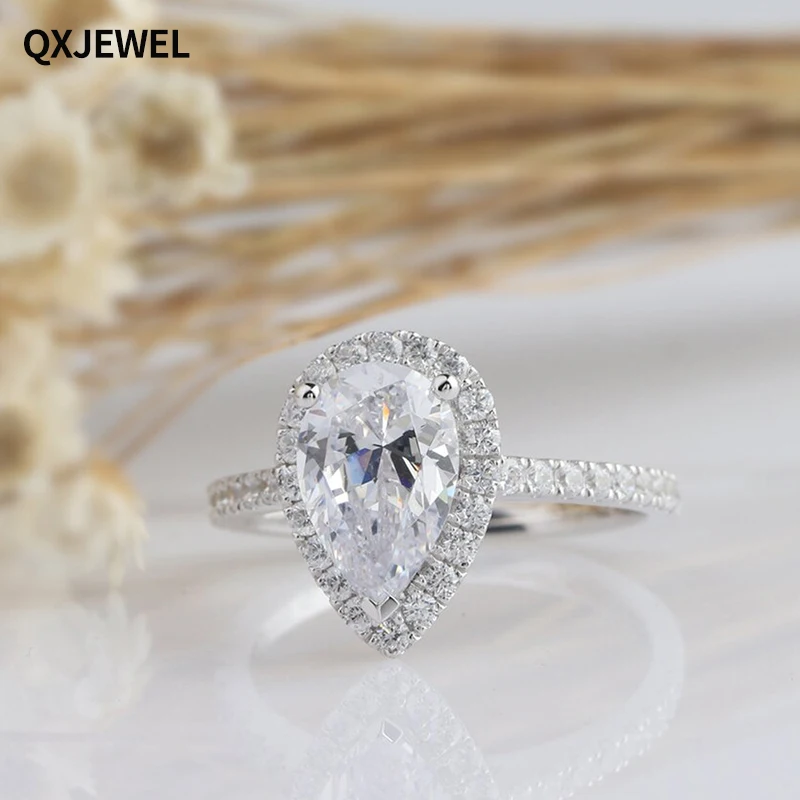 

QXJEWEL 14k Solid Gold Halo Moissanite Ring 1.5ct 6*9mm Pear Center D Color For Women Engagement Anniversary