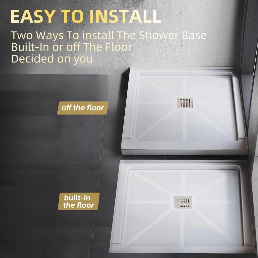 Center Drain Shower Base 36" L X 36" W X 4" H, with Brushed Nickel Cover, Single Threshold Anti-slip Acrylic Shower Base