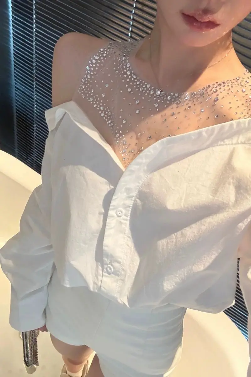 Women's Mesh Sequin Elegant Off Shoulder Shirt Long Sleeve Blouse - White Button-Up Design for Party & Casual Wear Top