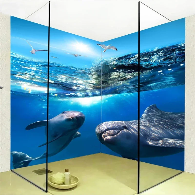 Custom Mural Wallpaper HD Underwater World Dolphin 3D Stereo Bathroom Mural Wallpaper PVC Self-Adhesive Waterproof Wall Stickers