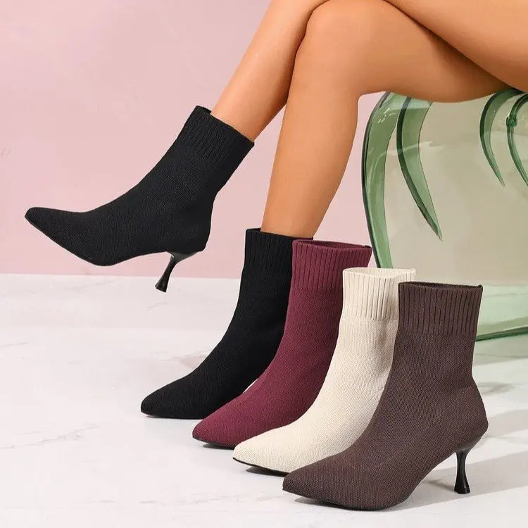 Women Socks Boots Stretch Fabric Women Ankle Boots Pointed Toe High Heels Slip-On Sexy Sock Heeled Chelsea Boots 2026
