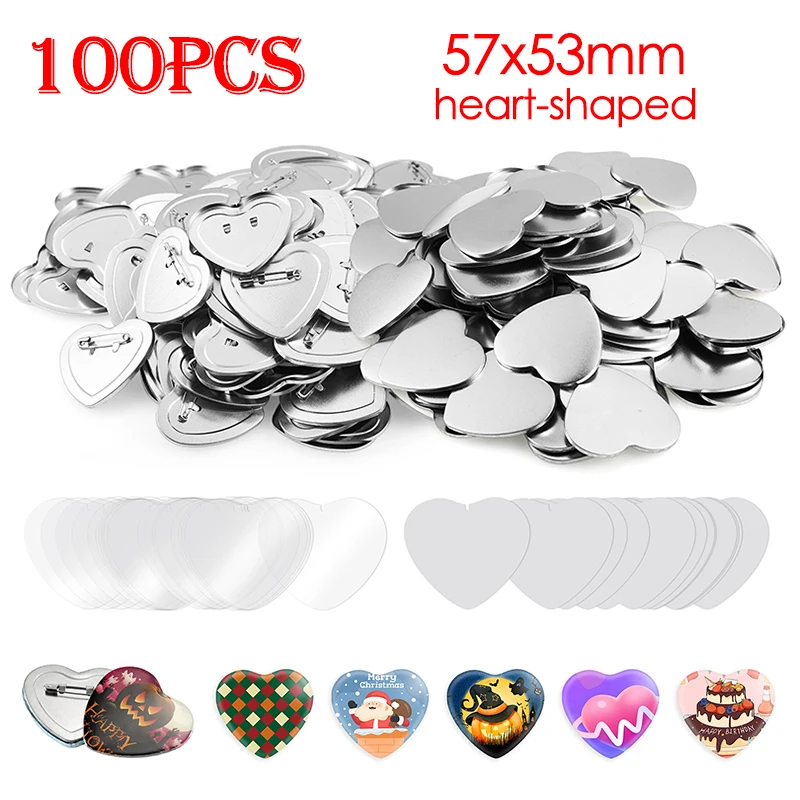 100pcs 57x53mm Heart-shaped Badge Pins Making Parts Metal Blank Heart Badge Button DIY Materials for Button Maker Supplies