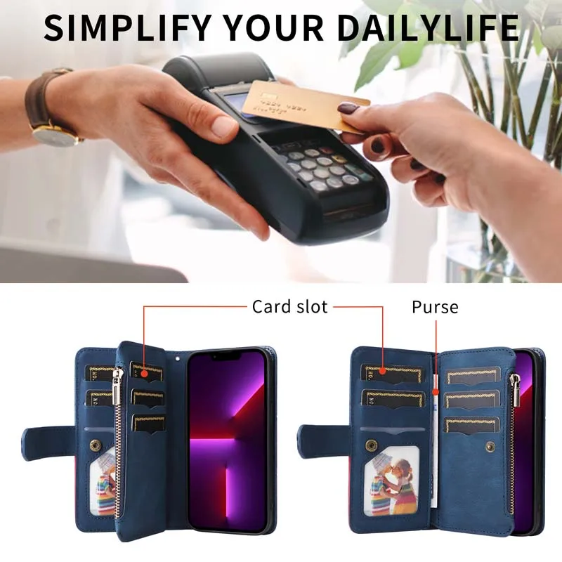 Leather Flip Wallet Phone Case with Zipper and 9-Card Holder Slots