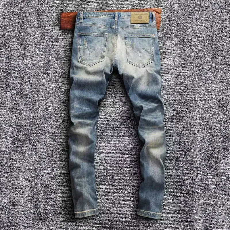 Newly Vintage Fashion Men Jeans High Quality Retro Washed Blue Stretch Slim Fit Ripped Jeans Men Designer Denim Pants Hombre