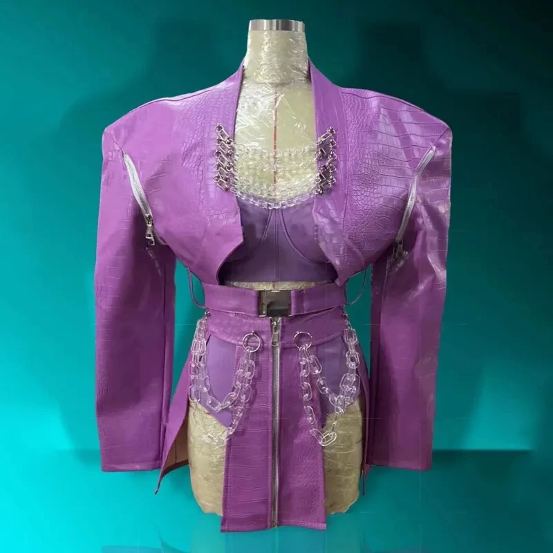 

Purple Leather Jacket Skirt Women Sexy Pole Dance Clothing Nightclub Dj Ds Gogo Costumes Stage Rave Outfit