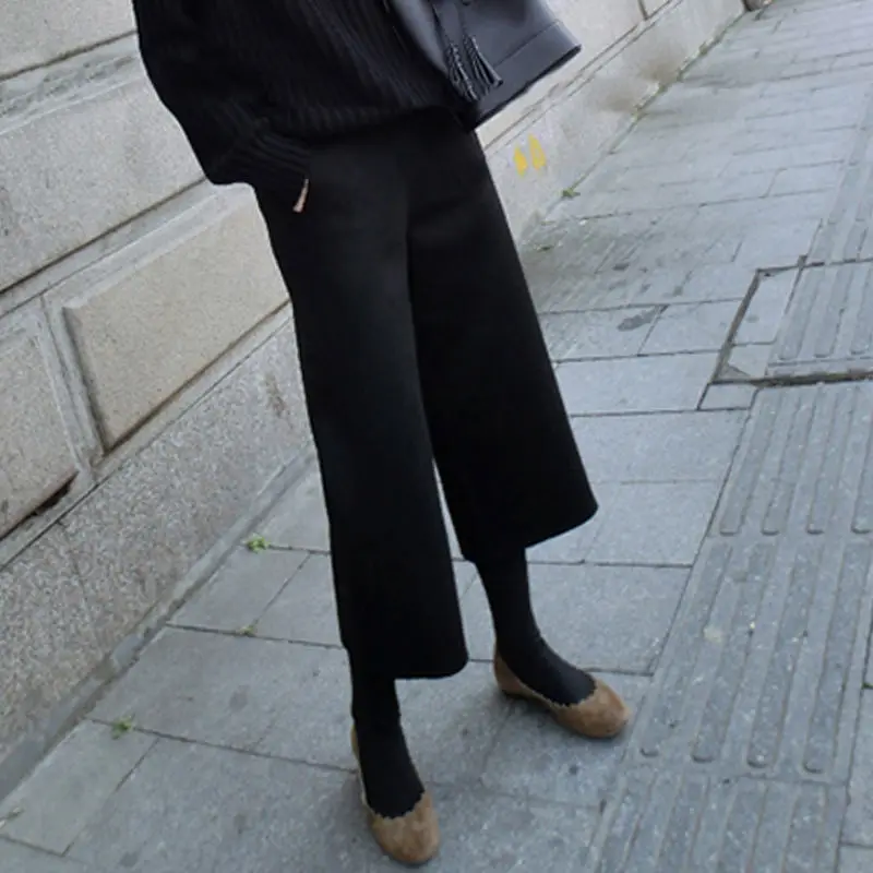 Casual Woolen Blend Wide Leg Pant Women Autumn Winter High Waist Ankle-Length Pants Office Lady Korean Baggy Pantalones Straight
