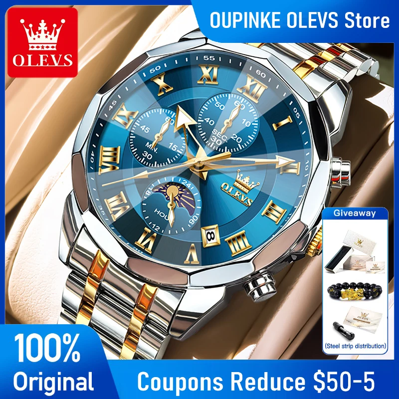 OLEVS Watches Man 3675 Rhombic Chronograph Quartz Watch Waterproof Luminous Stainless Steel Moon Phase Watches For Man Reloj