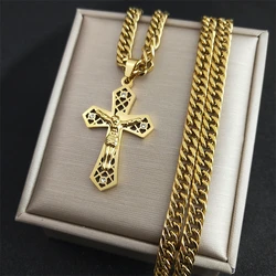 Gold Stainless Steel Jesus Christ Crucifix Pendant Necklace - Religious Punk Jewelry (A 5mm 55cm ZBK GD)