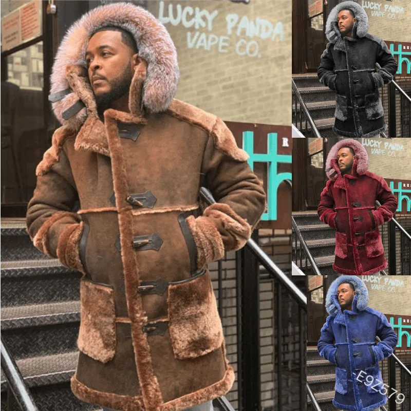 

Winter Thick Coat Men Warm Lined Leather Long Coat with Fur Buttons Brown Fur Hooded Jacket