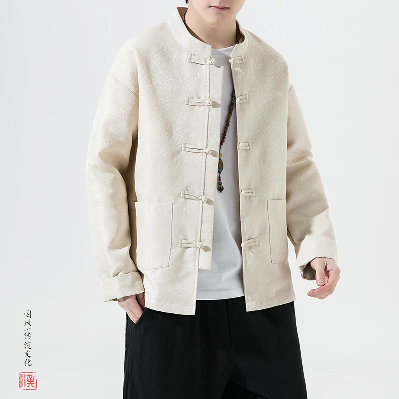 

2023New Kimono Jacket Men Traditional Sinicism Splice Colour Match Shirt Linen Hanfu Top Long Sleeved Tang Suit Kung Fu Clothing