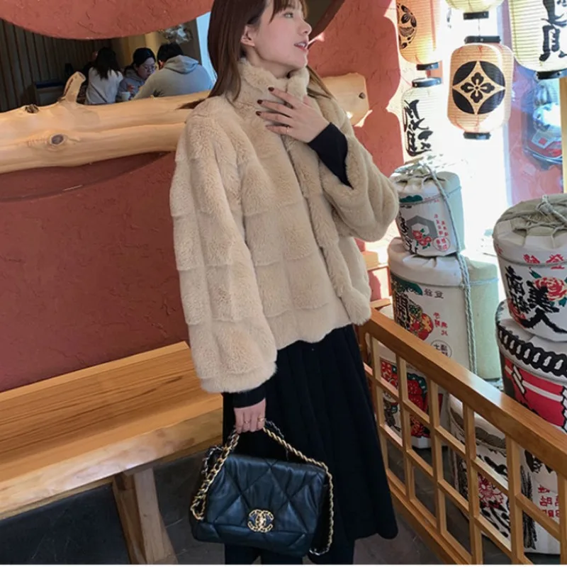 2023 Autumn Winter New Short British Style Simple Commuting Loose Thick Warm Standing Collar Mink Imitation Fur Coat Woman