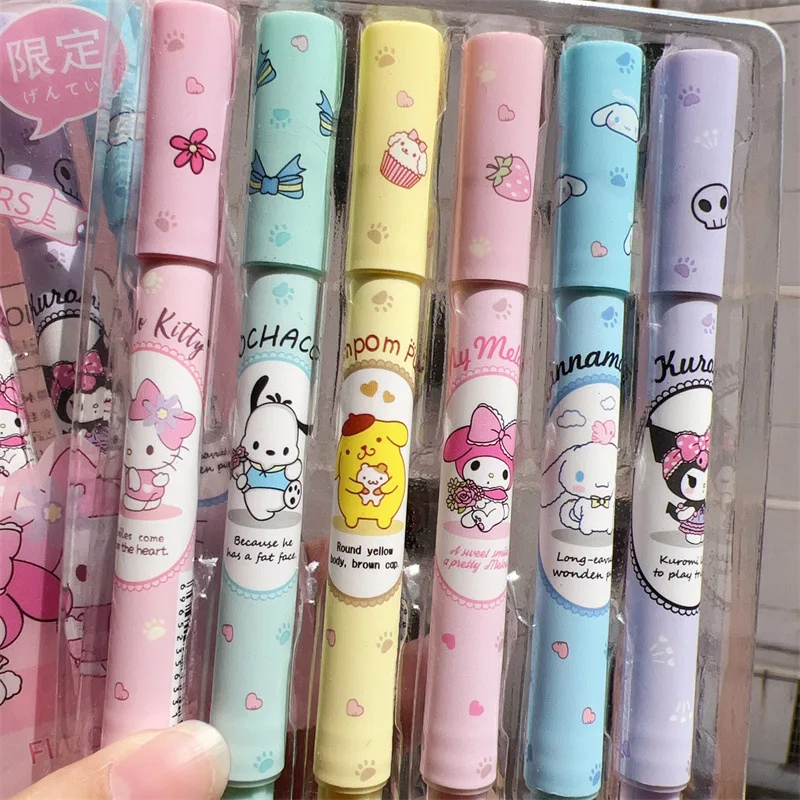 

6 Pcs Sanrio Fluorescent Pen Kawaii Anime Marker Pen Cute Kuromi Hello Kitty Creative Stationery Originality Children Gifts