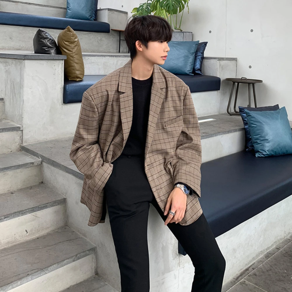 STEVDITG Chic Checkered Stripes Blazer Men Oversized Fashion Casual Suit Daily Jacket Korean Loose One Piece Office Formal Man