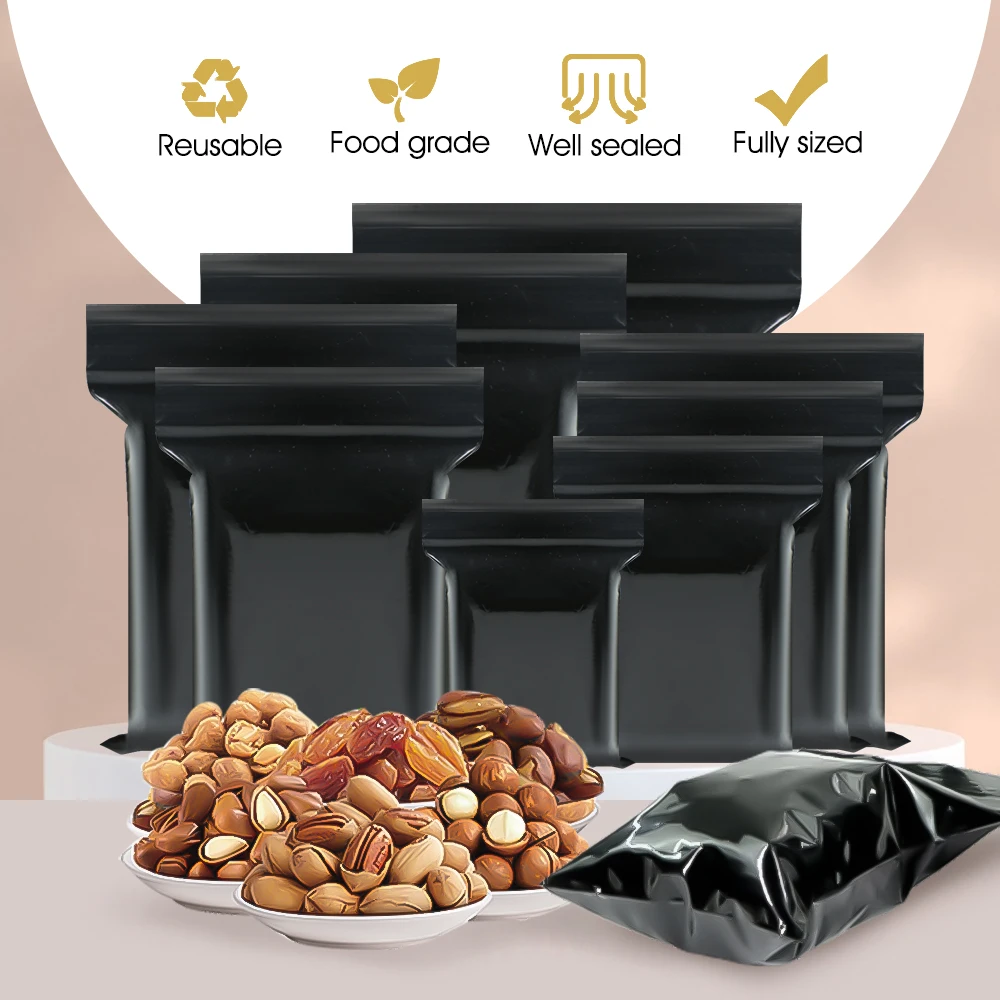0.13mm Thickness Black Plastic Ziplock Bag Resealable PE Zipper Bag for Sundries Gift Waterproof Dustproof Seal Storage Packing 6