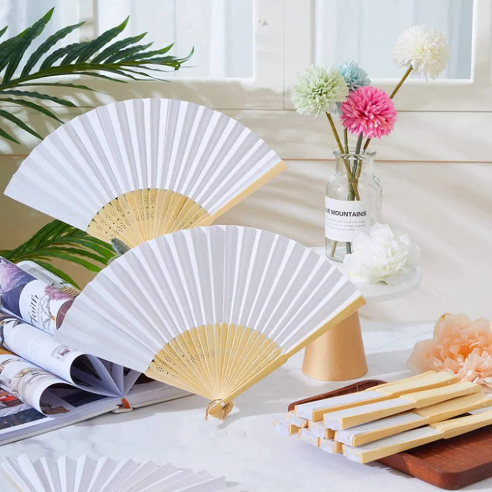 10x Blanco Papel De Mano Ventilador Plegable de Bambú Decoración para Fiesta Boda Eventos De Madera 