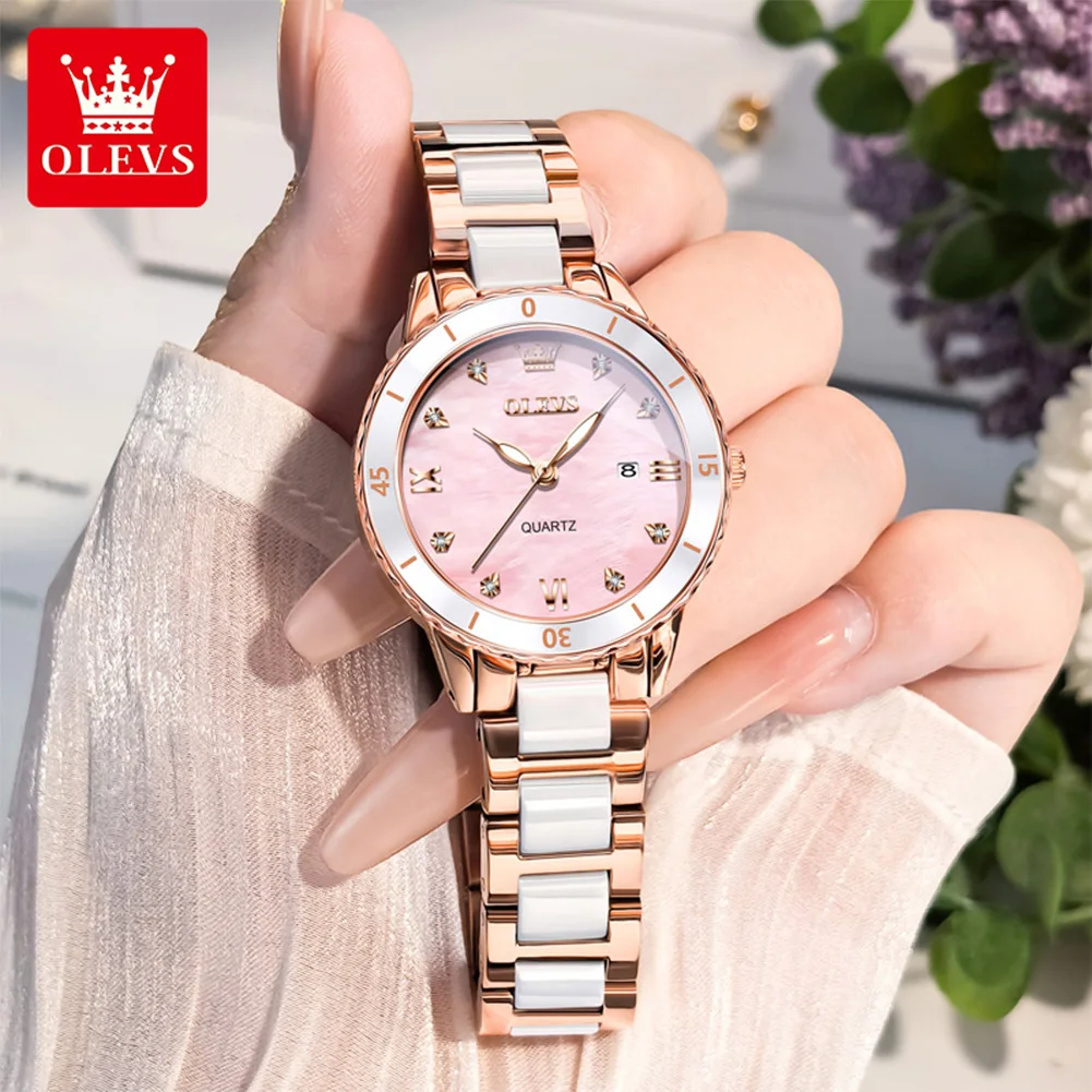 OLEVS 9985 Women's Watch Zircon Scale Waterproof Date Quartz Watch For Women Ceramic Steel Strap Luminous Ladies Wristwatch