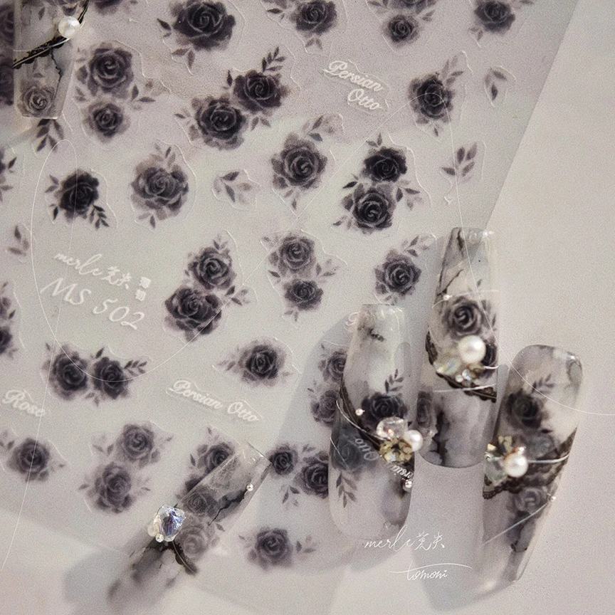 Halo Dyeing Black Rose Flower Red Romantic Valentine Day Love Retro 3D Autoadesivo Nail Art Decoration Sticker Manicure Decal