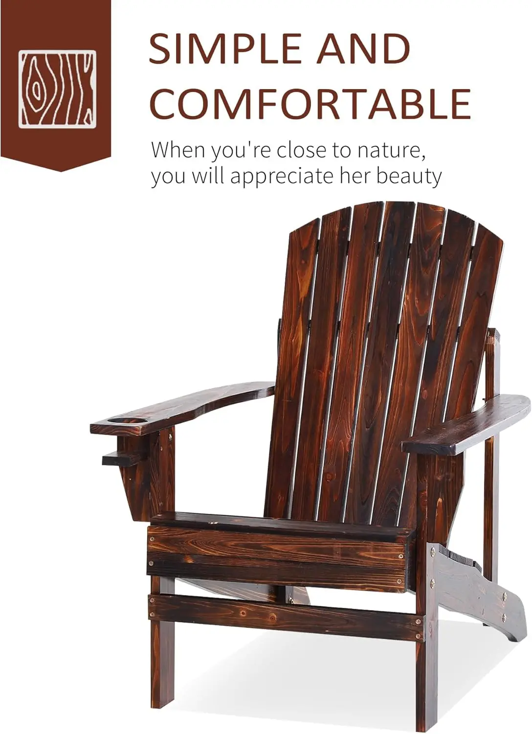 Wooden Adirondack Chair. Outdoor Patio Lawn Chair. Cup Holder. Weather Resistant. For Deck, Garden, Backyard, Fire Pit. Brown.