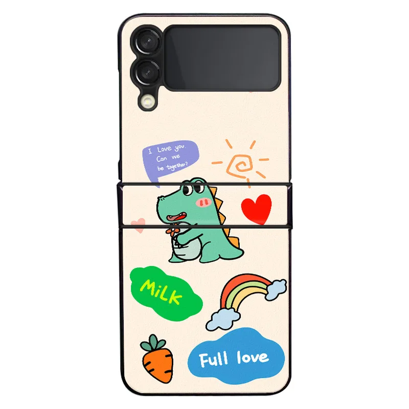 Funda Case for Samsung Galaxy Z Flip 3 Z Flip 4 Cartoon Girl Little Dinosaur Lion Pattern Hinge PU Protection Phone Case Cover