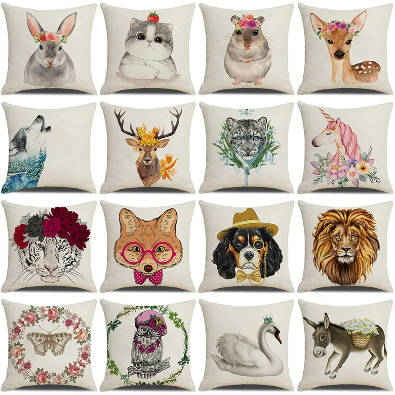 

Home Decor Sofa Cushion Cover 45x45CM Cute Animals Portrait Printed Pillow Cover Linen Throw Pillow Case for Couch Decorations