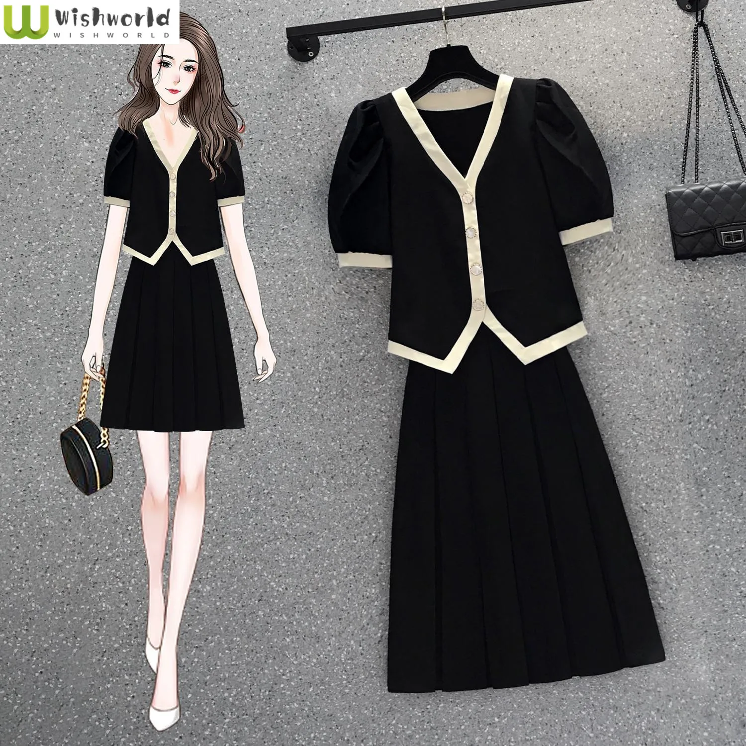 In Spring and Summer of 2022 the Korean Version of the New Fashion V-neck Top and Casual A-shaped Half Skirt Two-piece Set