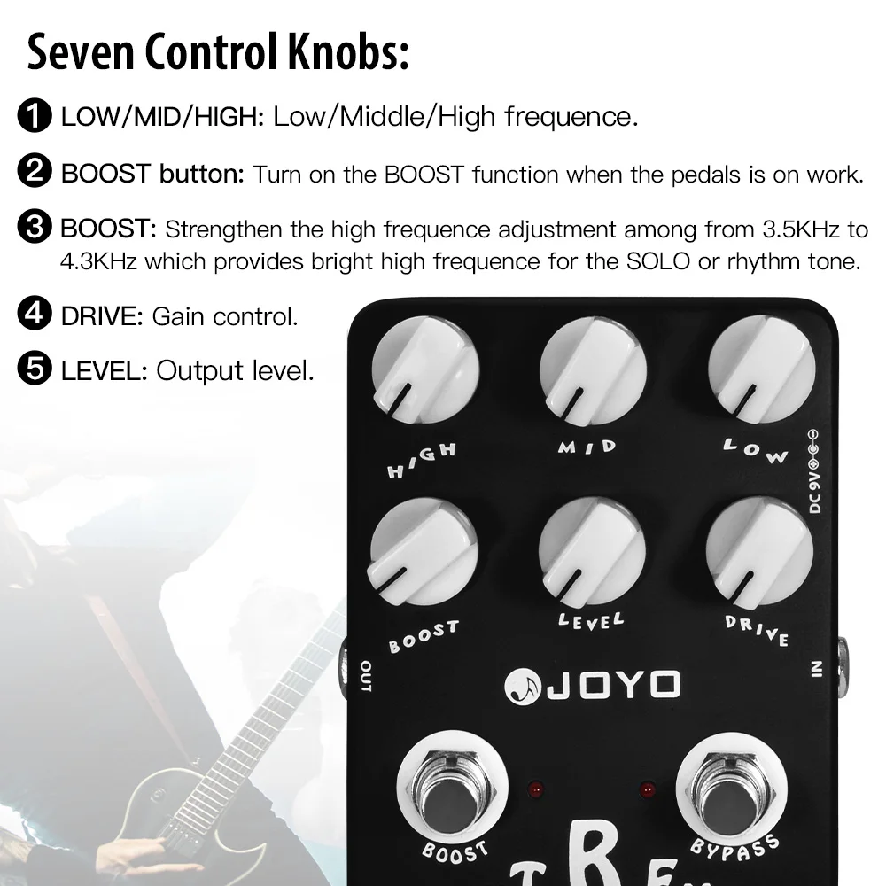 JF-17 EXTREME METAL Distortion Guitar Pedal with 3 Band EQ and Sweep Mid-Freq Kn