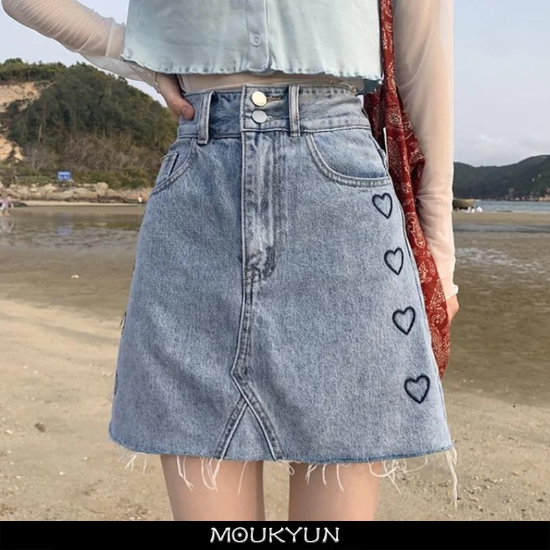 

MOUKYUN Blue Denim Skirt Fashion Printed Pleated High Waist Mini Skirts Y2K Retro Sweet Cute Sexy Streetwear Summer Women Skirt