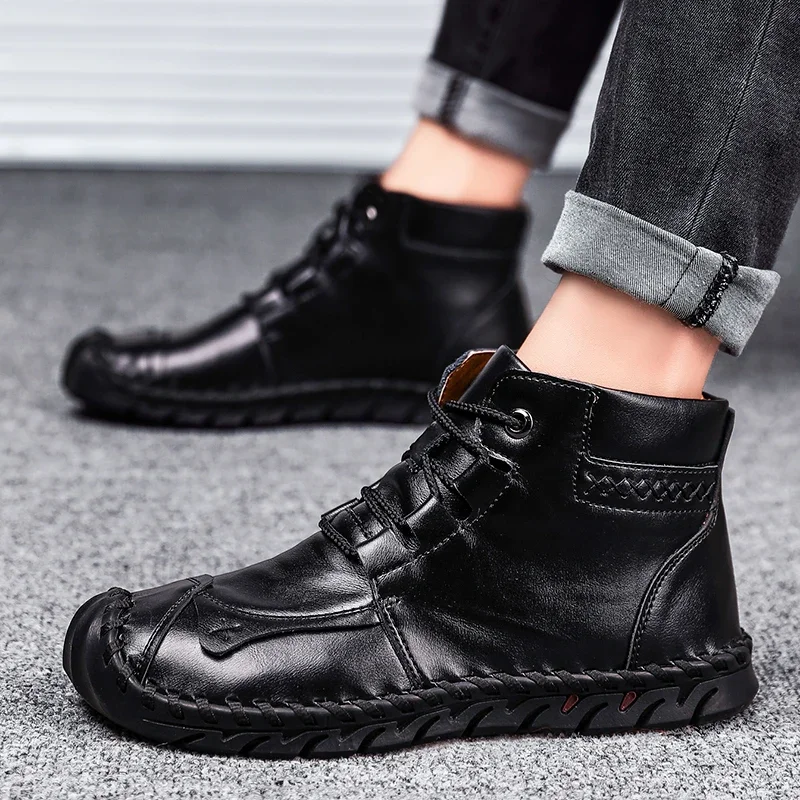 Men Leather Boots Business Mens Boots Brand Classic Winter Thick Plush Warm Snow Boots Handmade Ankle Waterproof Non-slip Moccasins men leather boots business mens boots