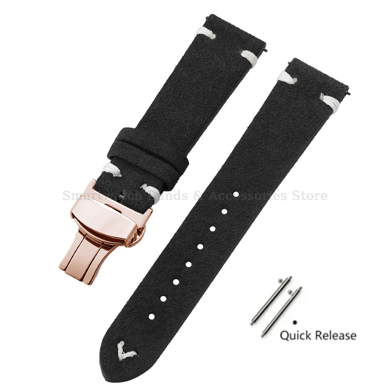 Vintage Handmade Suede Stitch Leather Watch Strap with Quick Release and Folding Clasp