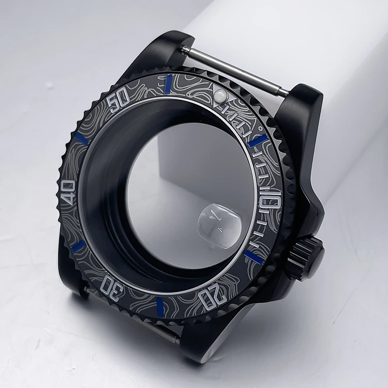 All-Black Sub Style Watch Case with Rubber Strap and Sapphire Crystal
