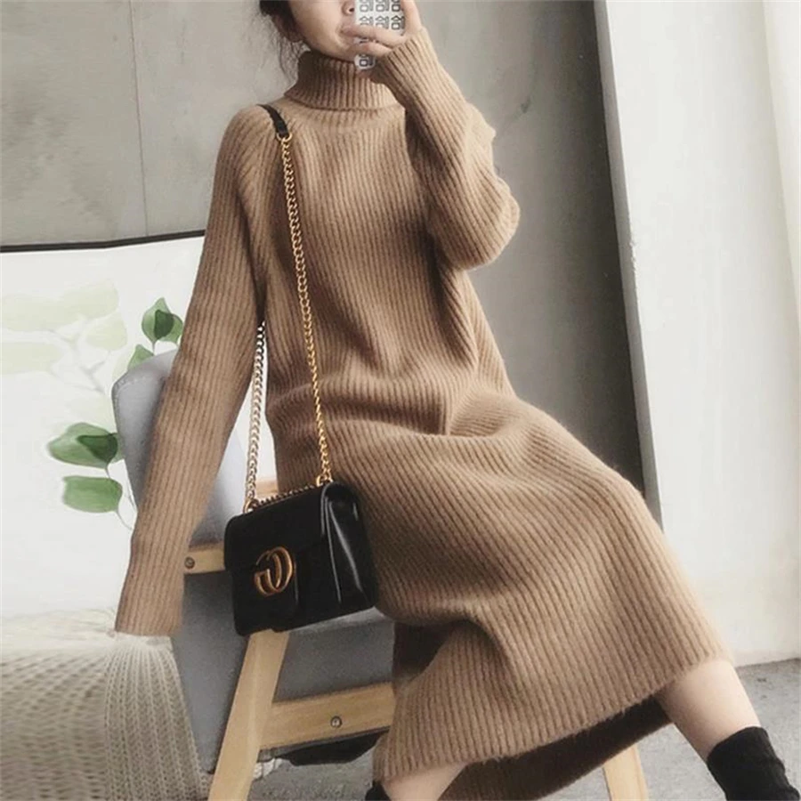 Turtleneck Loose Knitted Sweater Dress Korean Knitwear Long Dresses Thick Elegant Casual Vestidos Women Fall Winter New Robe