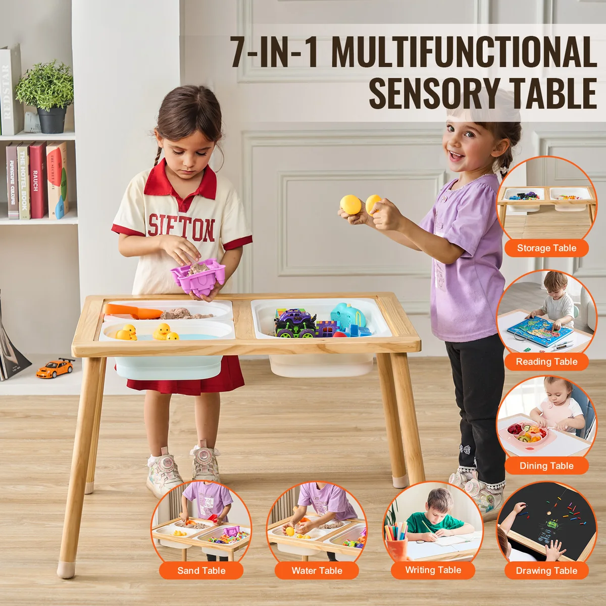 SucceBuy Wooden Sensory Table for Kids Activity with 3 Foldable Storage Bins & Double-Sided Board Indoor/Outdoor for Studying — view 2