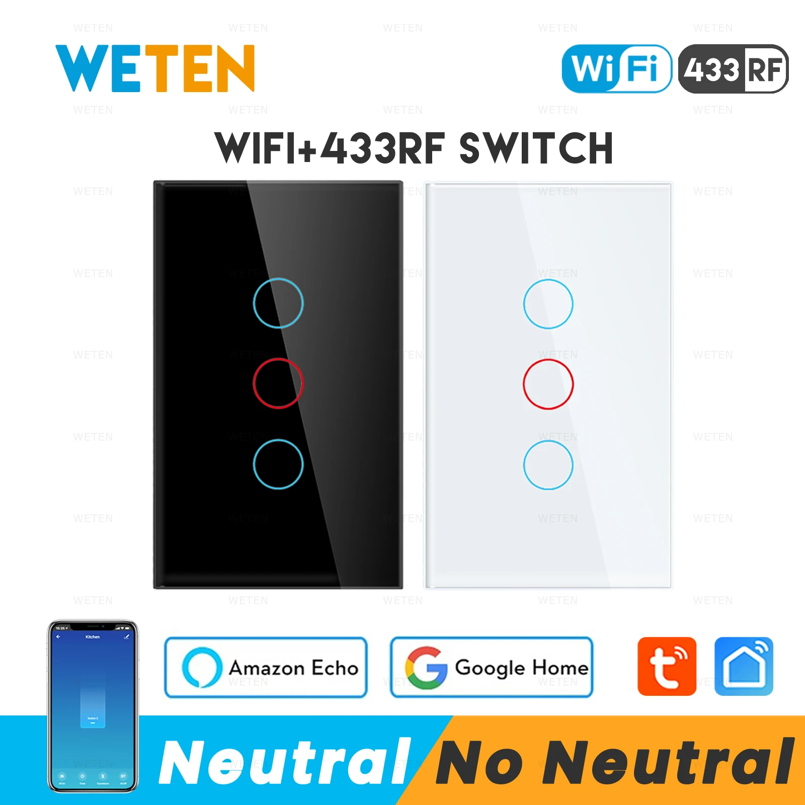 Tuya Smart Life Wifi Wall Touch Light Switch No Neutral Wire 433 Mhz RF