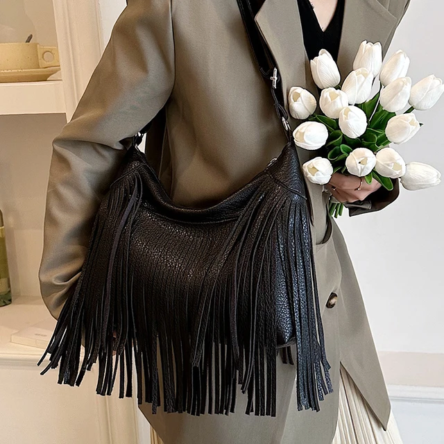 Black Boho Bag | Real Leather | Fringe Purse | Bohemian Bags | Hobo Tote  Handbag: Handbags: Amazon.com