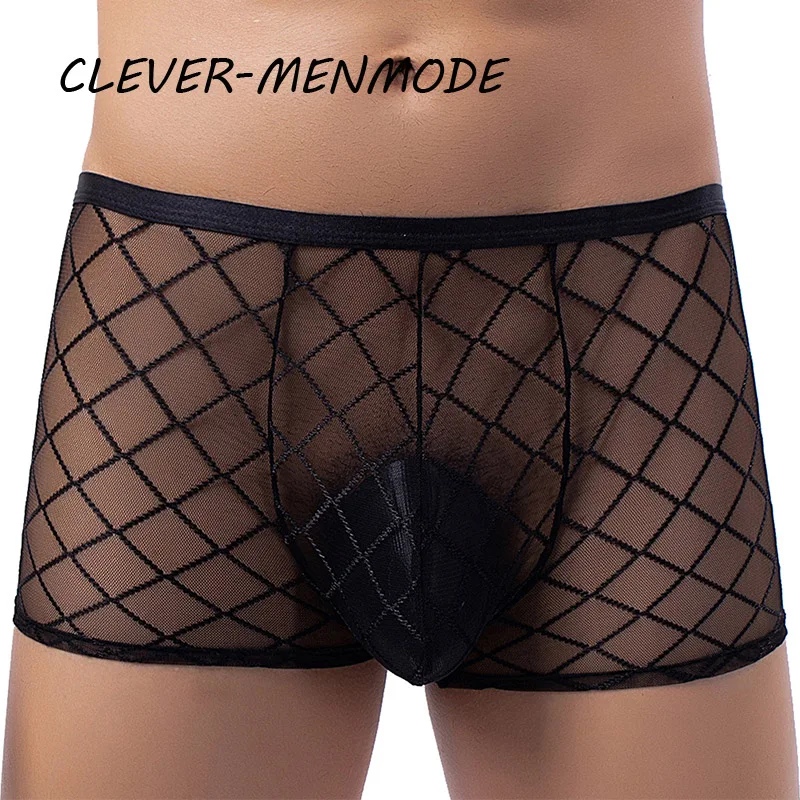 Men's Sexy Transparent Lace Panties Fishnet Sheer Boxer Shorts