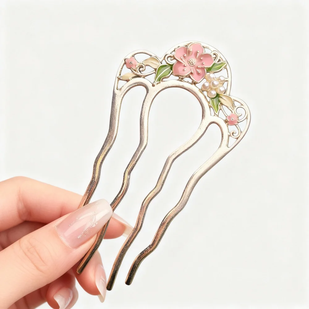 Metallische Perlen-U-förmige Haarkamm-Clips für Damen, Elegante Blumen-Haarspangen, Stilvolle Alltags-Haarnadeln, Hochzeits-Haarknoten-Accessoires – Detail 15