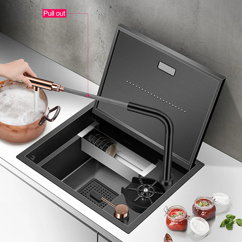 New Nanometer Hidden Bar kitchen Sink SUS 304 Stainless Steel Flip Cover Hidden Handmade Bar kitchen Sinks With Cup Rinser 3