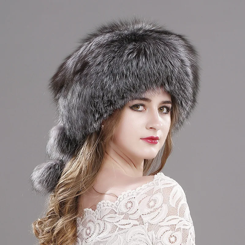 

2023 100% Real Fox Fur Hats Women's Russian Aviator Trapper Snow Skiing Hat Caps Earflap Winter Raccoon Fur Bomber Hat
