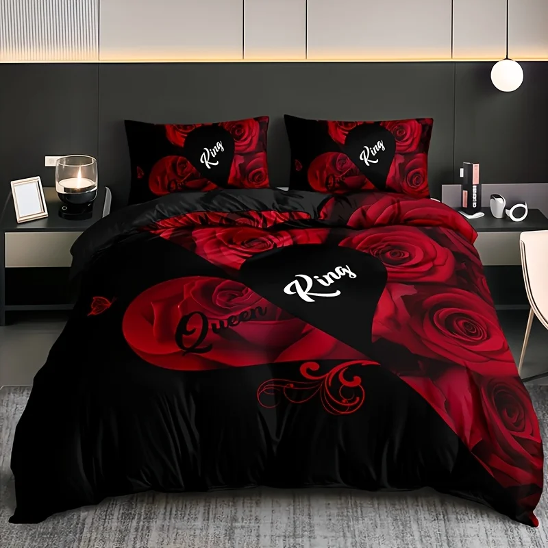 Love Rose Letter Print Duvet Cover Set - Romantic Red & White Design with 1 Duvet Cover + 2 Pillowcases, High-Definition Print