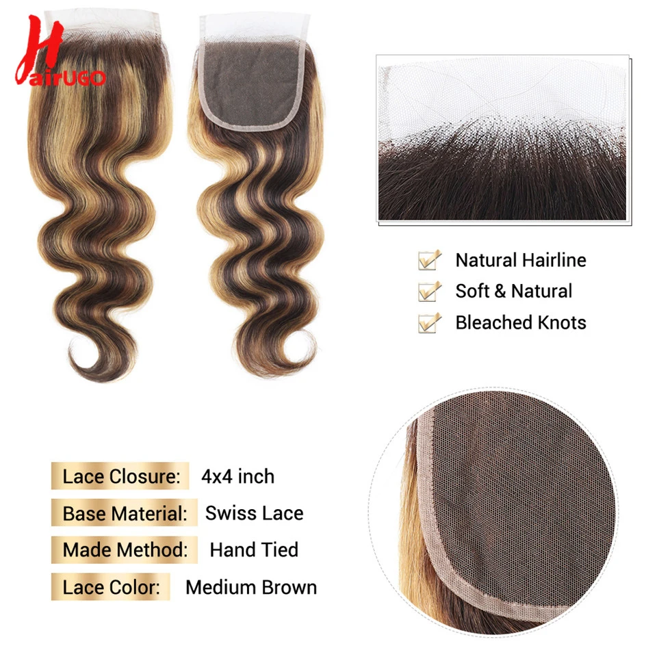 P4/27 4x4 Lace Closures Deep Wave Highlight Lace Closure Human Hair Closure With Baby Hair Remy Brazilian 10''-20'' HairUGo
