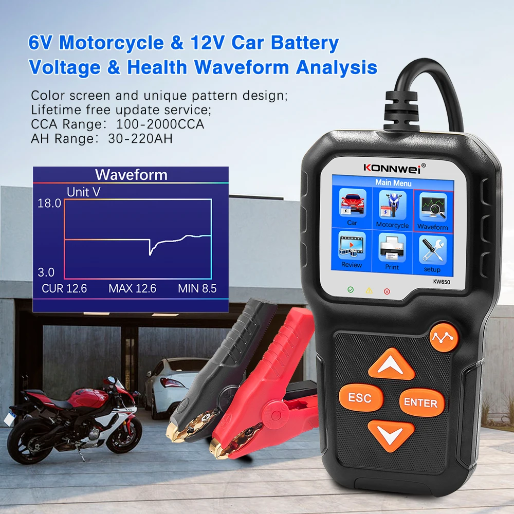 KONNWEI 자동차 오토바이 배터리 테스터, KW650, 6V, 12V, 자동 배터리 분석기, 100  2000 CCA, 자동차 모토 크랭킹 충전 테스트 도구