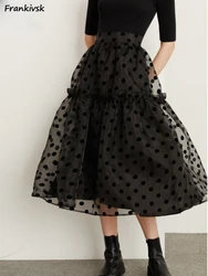 High Waist Mesh Skirts Women Polka Dot Chic Summer Party Mid-calf Simple Trendy Elegant Ladies Loose Streetwear All-match Faldas