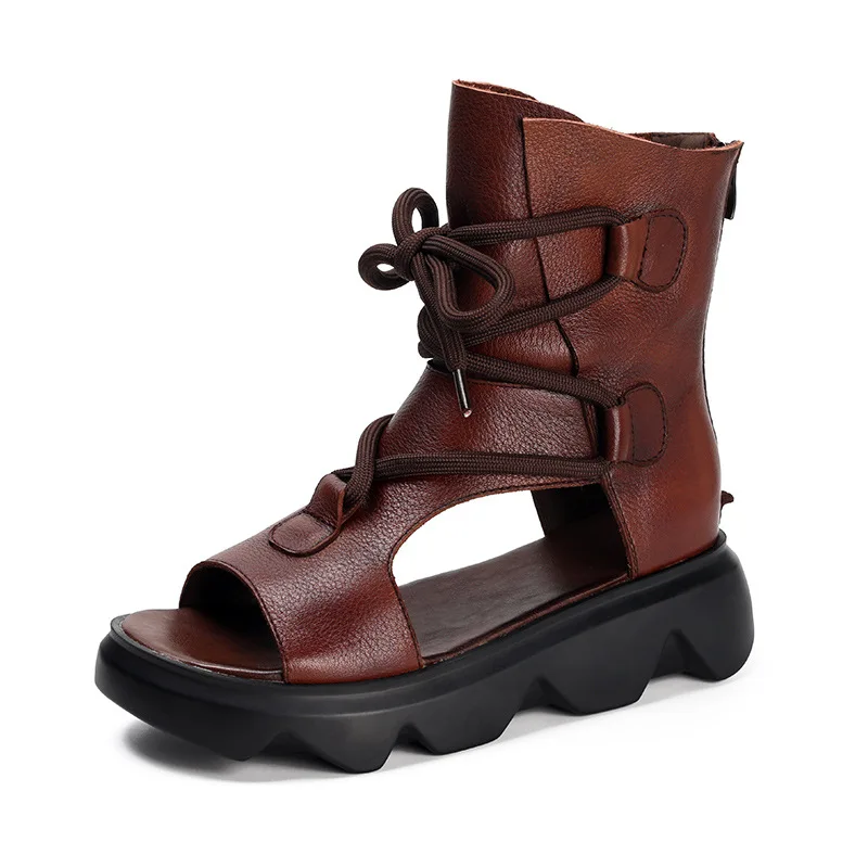 

New 2021 brown Retro Cowhide Platform Gladiator Women'S Sandals Summer Black Ankle Boots Wedge strappy punk Leather Chunky Shoes