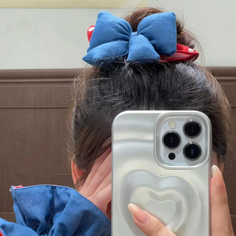 Vintage Polka Dot Bow Denim Hair Scrunchie - Stylish & Versatile Accessory