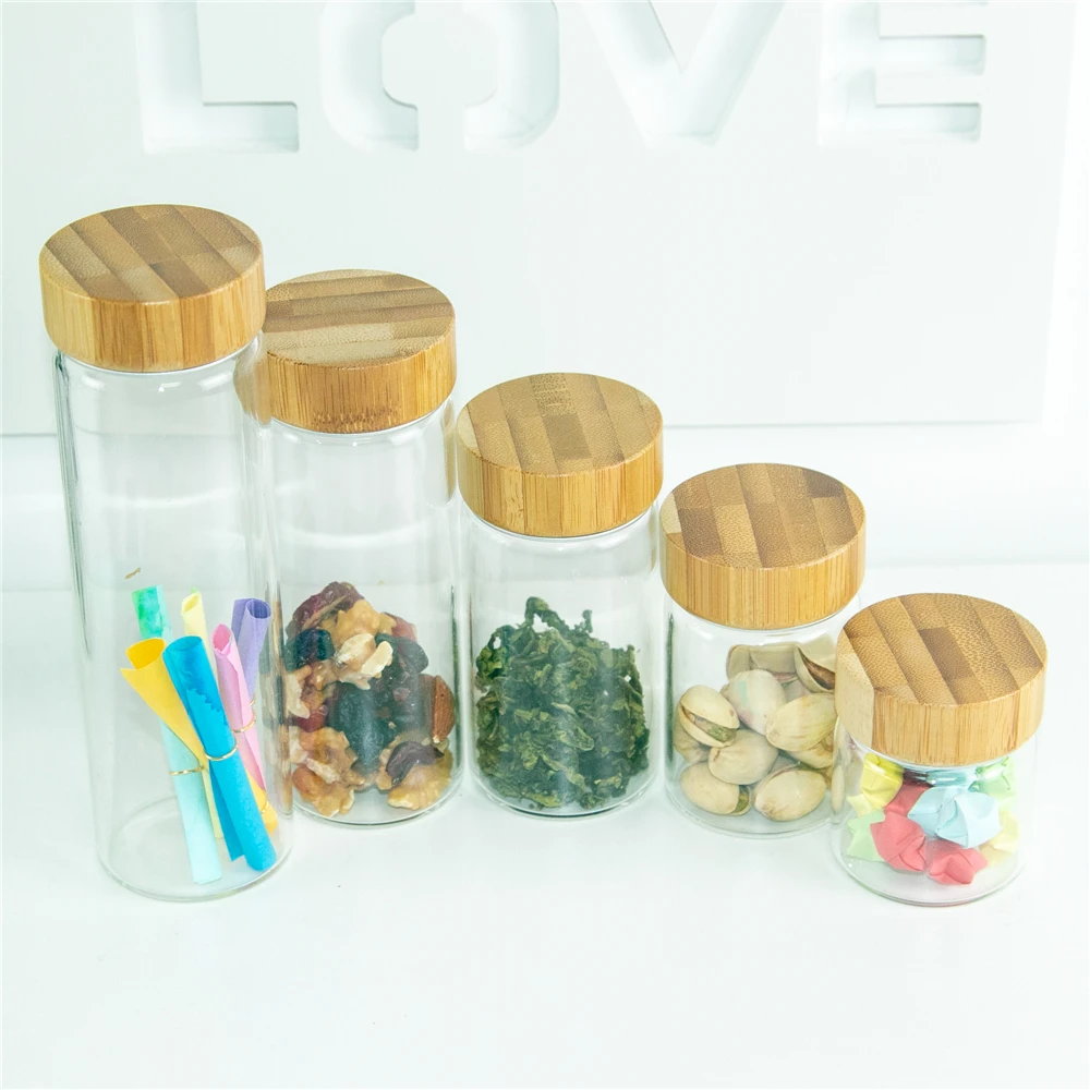 6units Glass Bottle with Aluminum Bamboo Double Cap 50ml 80ml 100ml 150ml 190ml Glass Storage Jars Candy Food Leak proof Bottles 3