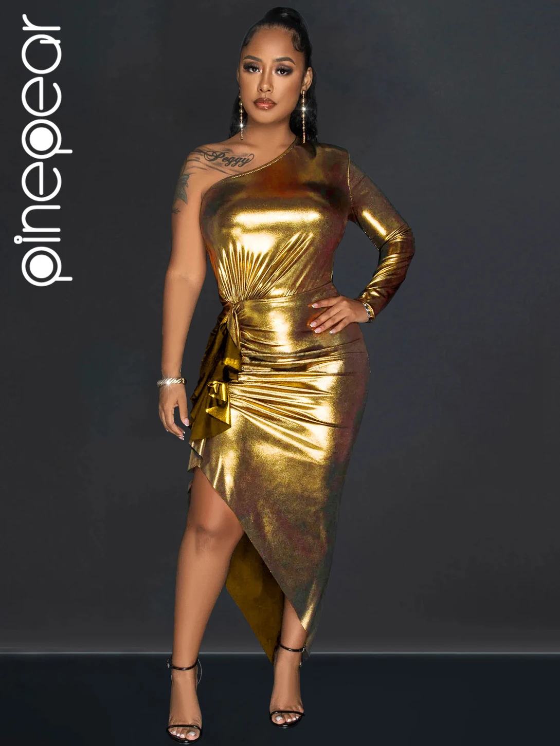 

PinePear Women Flash Metal Gold Ruched Maxi Dress 2024 Elegant One Shoulder Long Sleeve Asymmetrical Birthday Party Dress